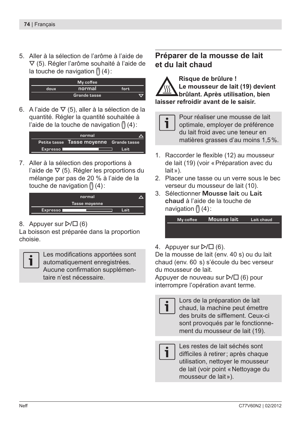 Préparer de la mousse de lait et du lait chaud, Mousse lait, Lait chaud | Neff C77V60N2 User Manual | Page 76 / 96
