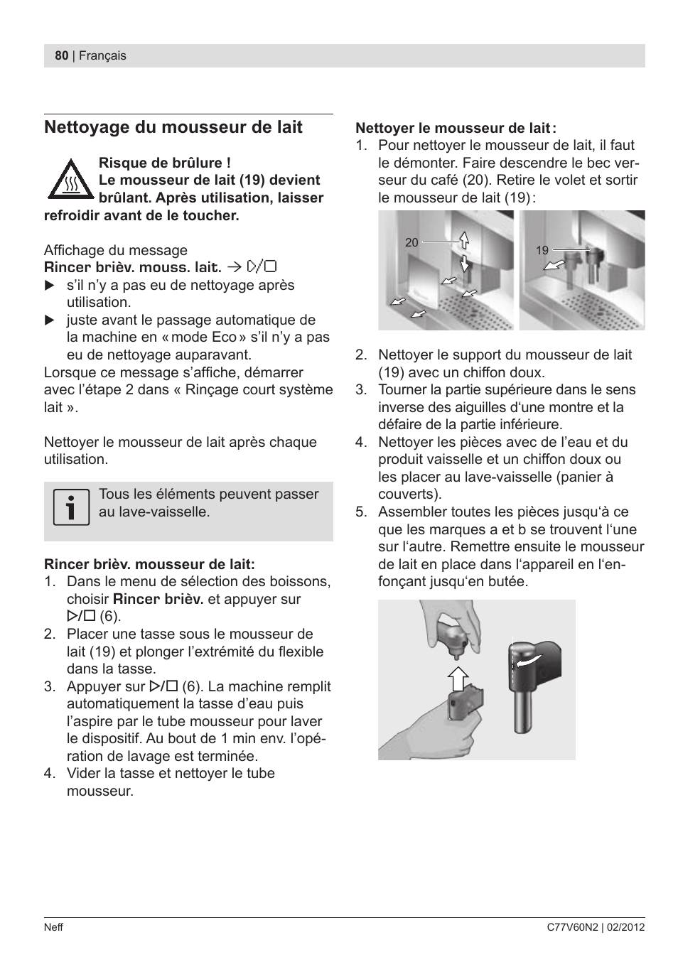 Nettoyage du mousseur de lait | Neff C77V60N2 User Manual | Page 82 / 96