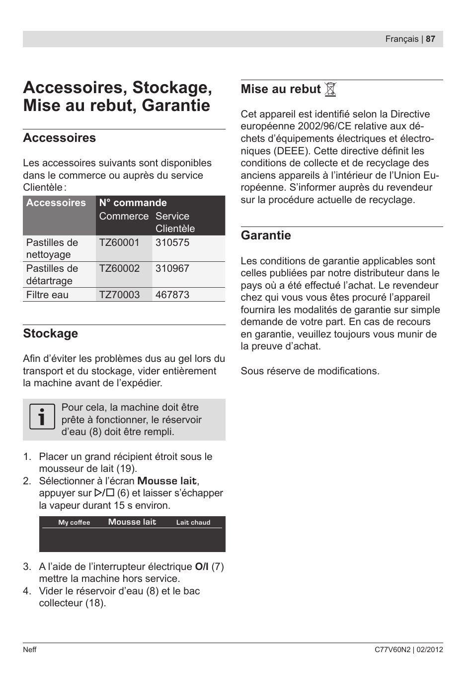 Accessoires, stockage, mise au rebut, garantie, Accessoires, Stockage | Mise au rebut, Garantie | Neff C77V60N2 User Manual | Page 89 / 96