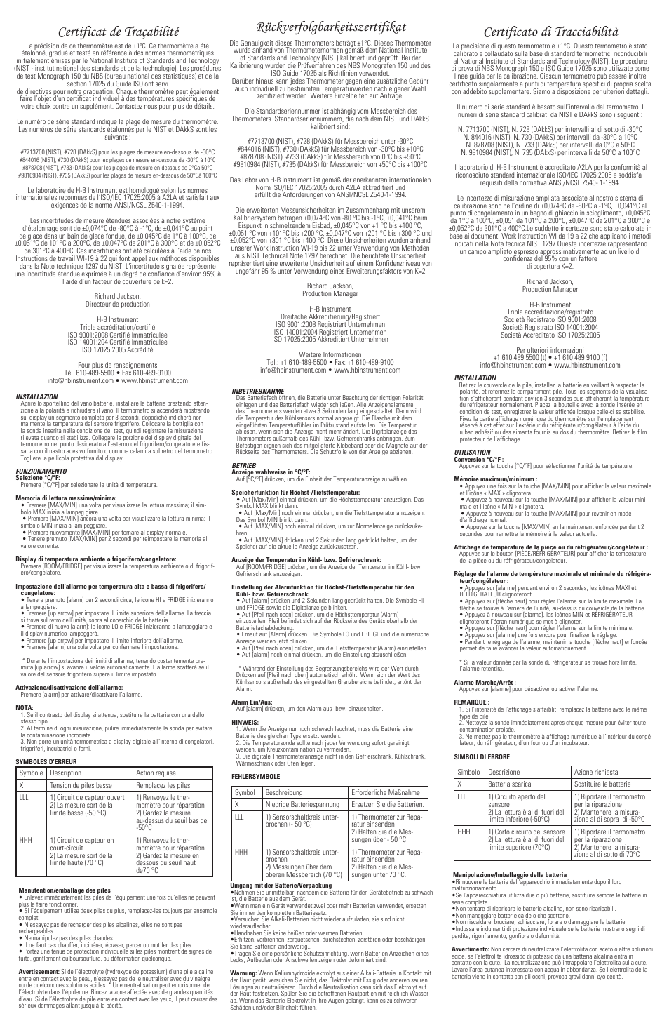 Rückverfolgbarkeitszertifikat, Certificato di tracciabilità, Certificat de traçabilité | H-B Instrument 3804 User Manual | Page 2 / 2