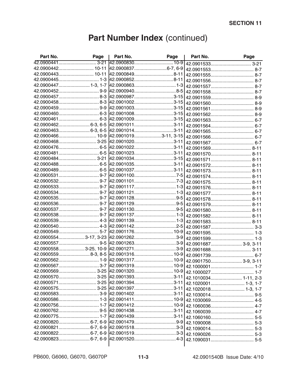 Part number index (continued) | Ag-Bag G6070P User Manual | Page 123 / 128