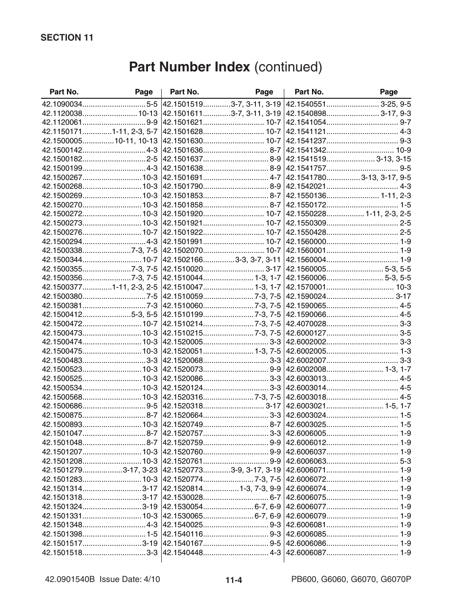 Part number index (continued) | Ag-Bag G6070P User Manual | Page 124 / 128