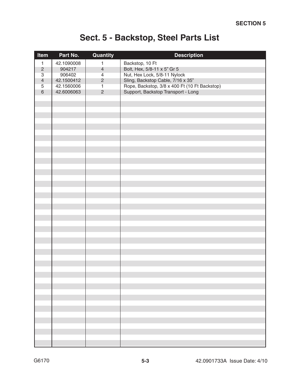 Sect. 5 - backstop, steel parts list | Ag-Bag G6170 User Manual | Page 49 / 90
