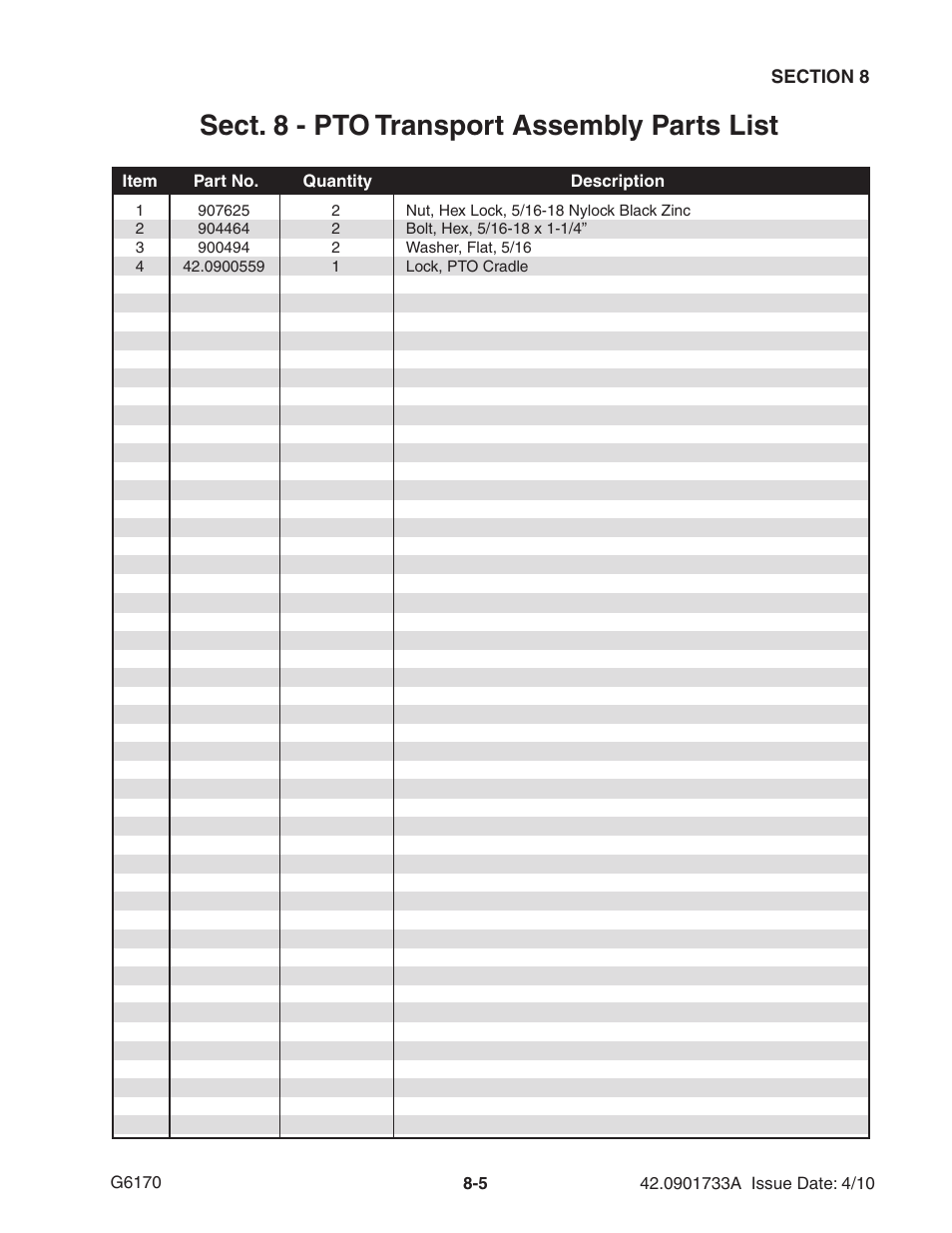 Sect. 8 - pto transport assembly parts list | Ag-Bag G6170 User Manual | Page 65 / 90