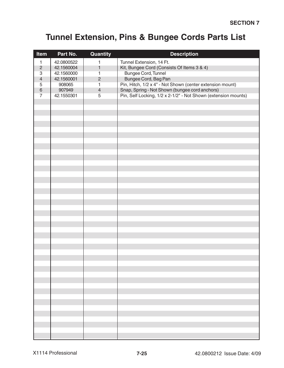 Tunnel extension, pins & bungee cords parts list | Ag-Bag X1114 Bagger User Manual | Page 183 / 262