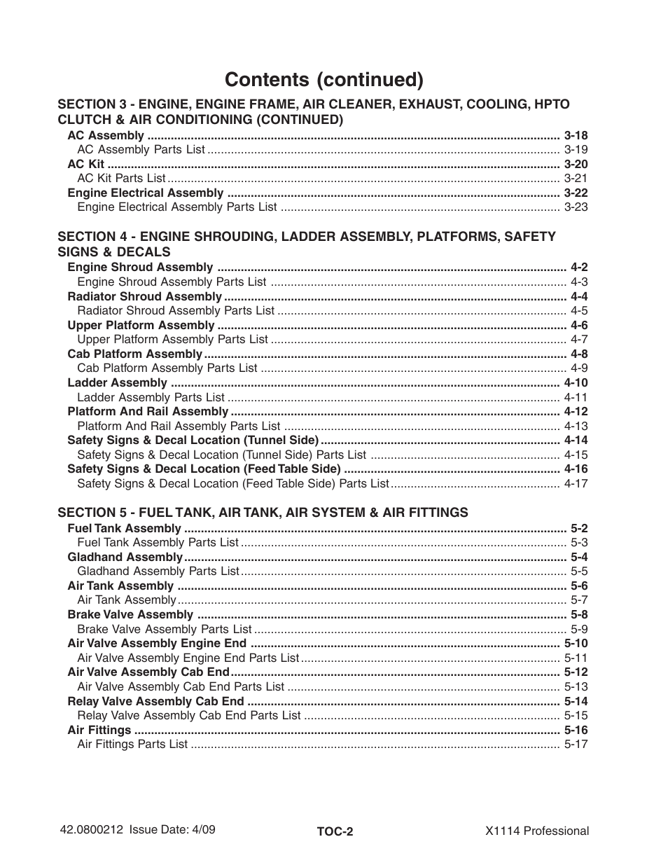 Contents (continued) | Ag-Bag X1114 Bagger User Manual | Page 4 / 262