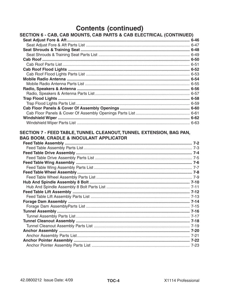Contents (continued) | Ag-Bag X1114 Bagger User Manual | Page 6 / 262