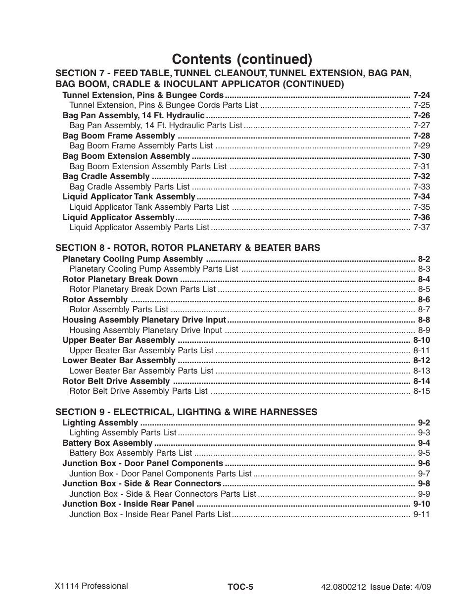 Contents (continued) | Ag-Bag X1114 Bagger User Manual | Page 7 / 262