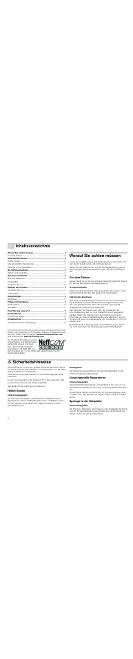 Ø inhaltsverzeichnis[de] gebrauchsanleitung, Worauf sie achten müssen, Vor dem einbau | Transportschäden, Elektrischer anschluss, M sicherheitshinweise, Heißer boden, Verbrennungsgefahr, Brandgefahr, Unsachgemäße reparaturen | Neff N21H45N0 User Manual | Page 2 / 32
