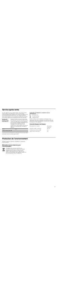 Service après-vente, Caractéristiques techniques, Protection de l'environnement | Élimination sans nuisances pour l'environnement | Neff N21H45N0 User Manual | Page 21 / 32