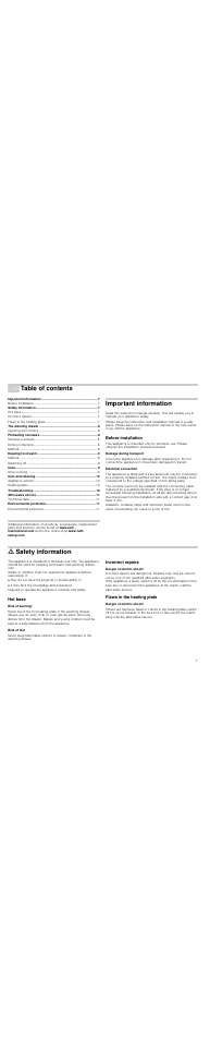 Ú table of contents[en] instruction manual, Important information, Before installation | Damage during transport, Electrical connection, M safety information, Hot base, Risk of burning, Risk of fire, Incorrect repairs | Neff N21H45N0 User Manual | Page 7 / 32
