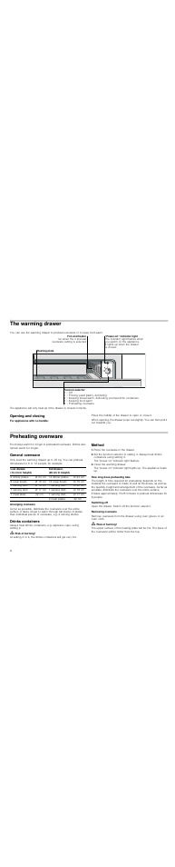 The warming drawer, Opening and closing, For appliances with no handle | Press the middle of the drawer to open or close it, Preheating ovenware, General ovenware, Arranging ovenware, Drinks containers, M risk of burning, Method | Neff N21H45N0 User Manual | Page 8 / 32