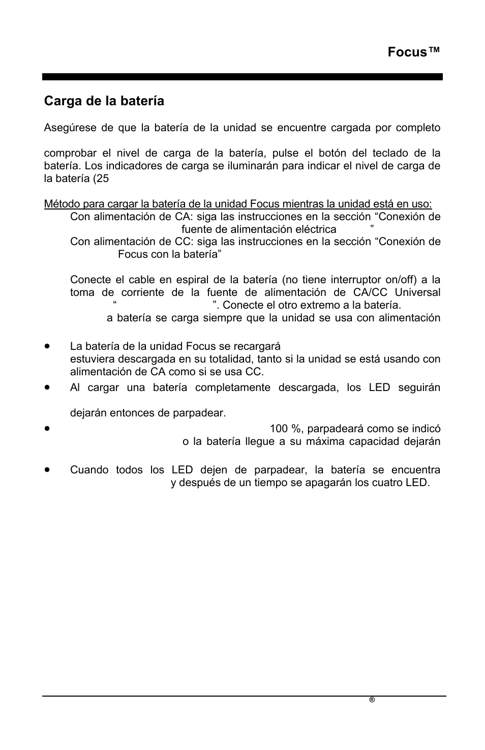 Focus, Carga de la baterìa | AirSep MN172-1 User Manual | Page 114 / 502