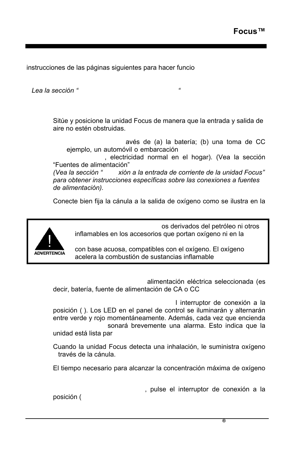Focus, Instrucciones de funcionamiento | AirSep MN172-1 User Manual | Page 122 / 502