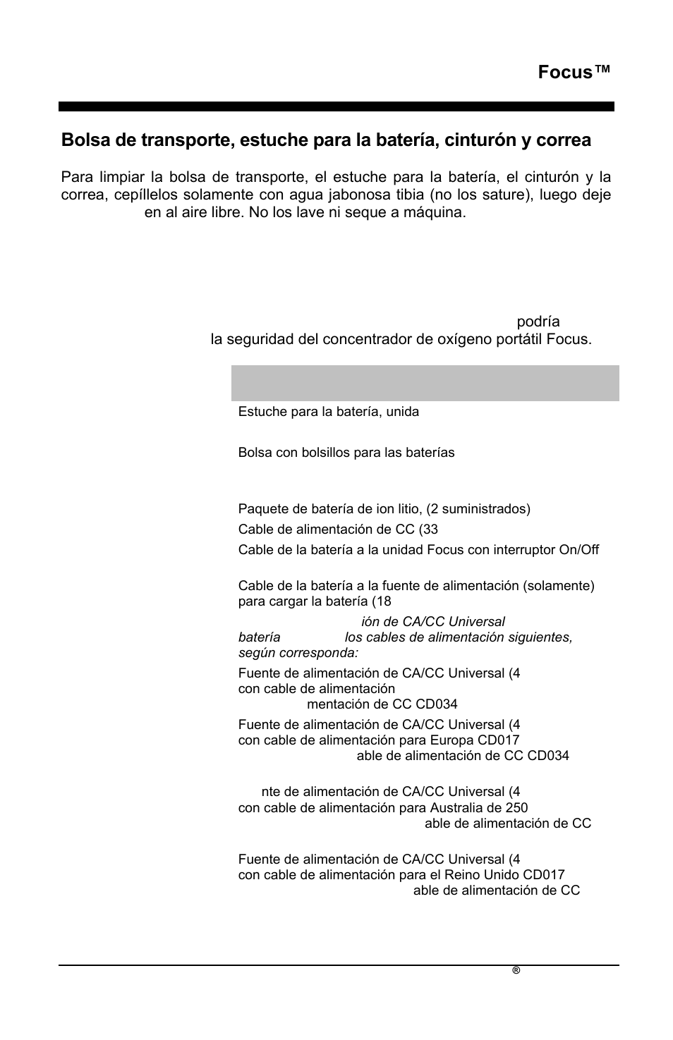 Focus, Accesorios del focus | AirSep MN172-1 User Manual | Page 130 / 502