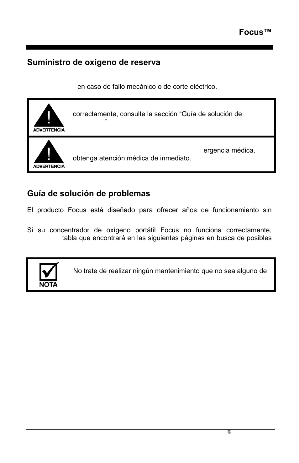 Focus, Suministro de oxìgeno de reserva, Guìa de solución de problemas | AirSep MN172-1 User Manual | Page 132 / 502