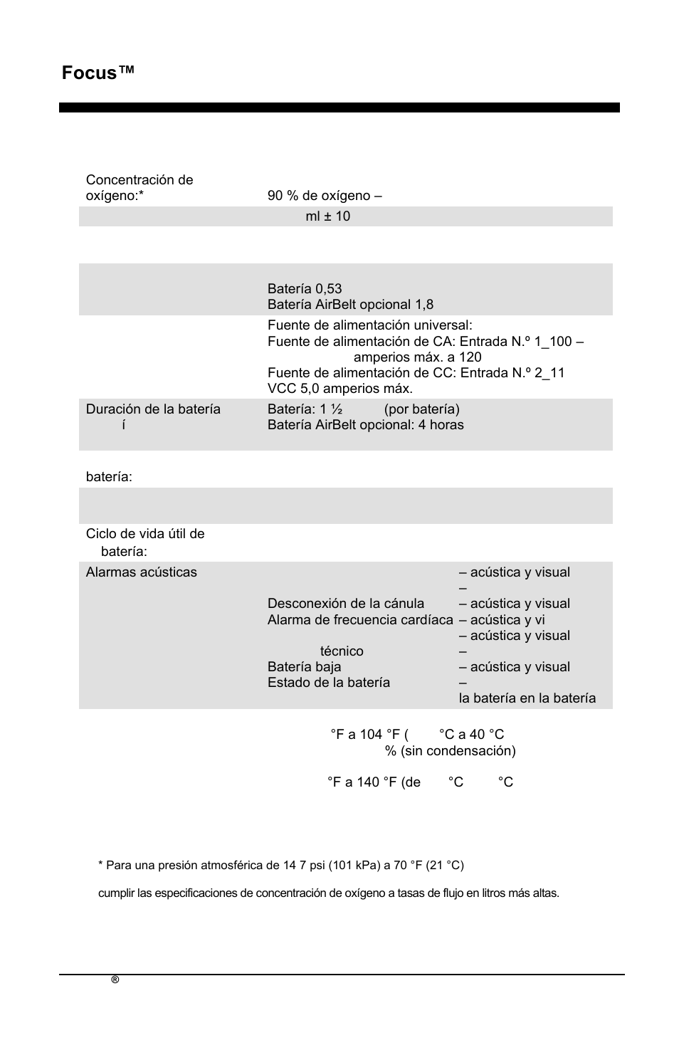 Focus™ es, Especificaciones del focus | AirSep MN172-1 User Manual | Page 135 / 502