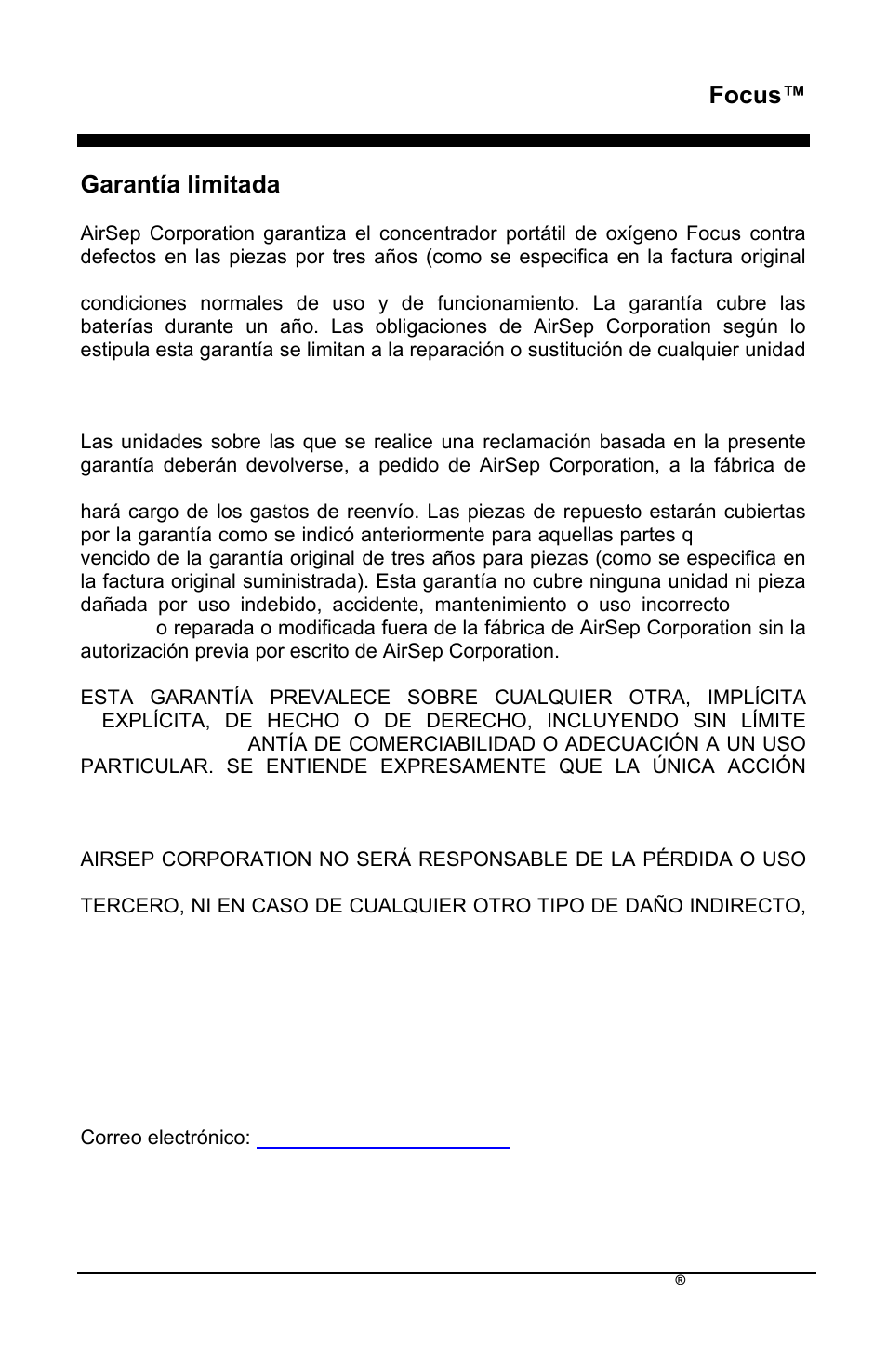 Focus, Garantìa limitada | AirSep MN172-1 User Manual | Page 140 / 502