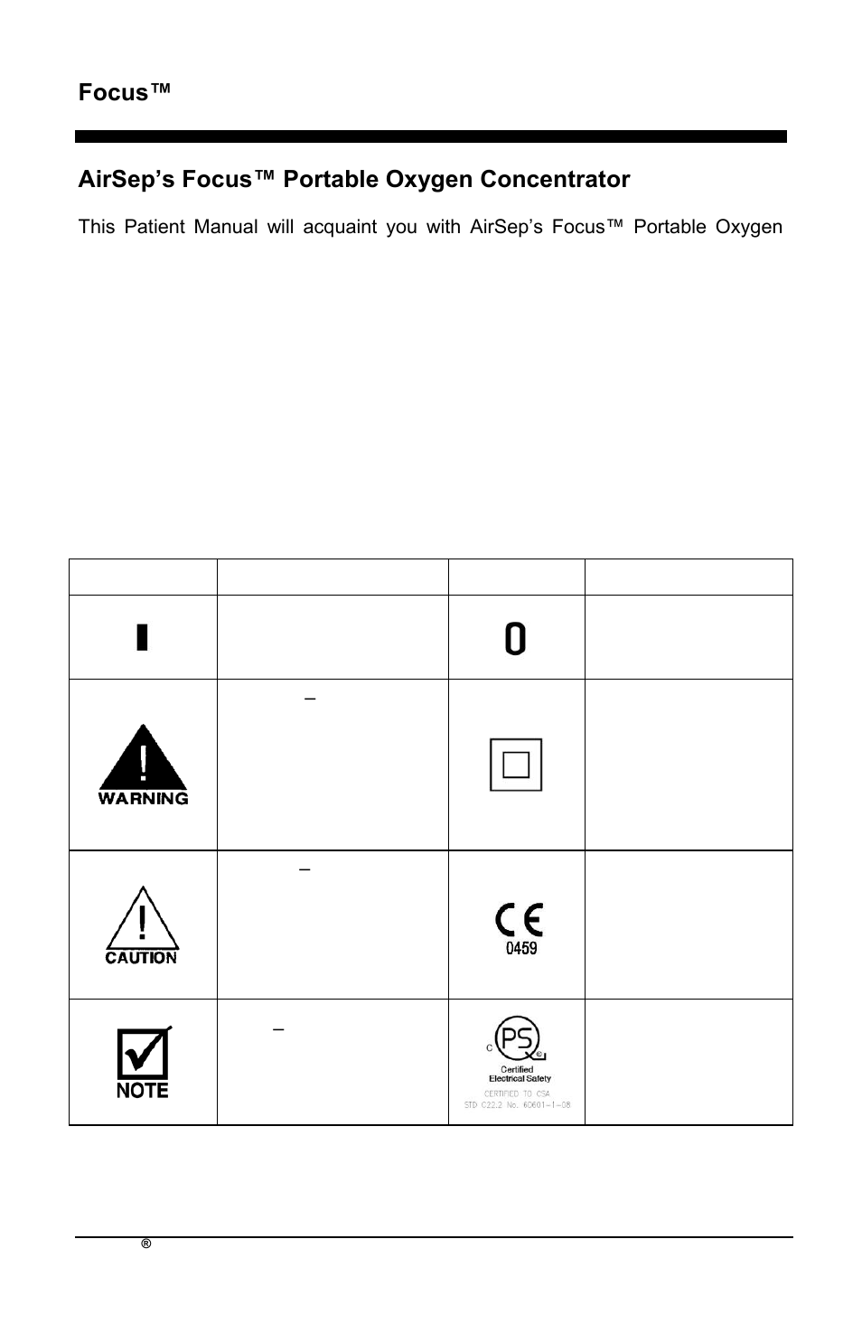 Focus™ en, Airsep’s focus™ portable oxygen concentrator, Symbols | AirSep MN172-1 User Manual | Page 189 / 502