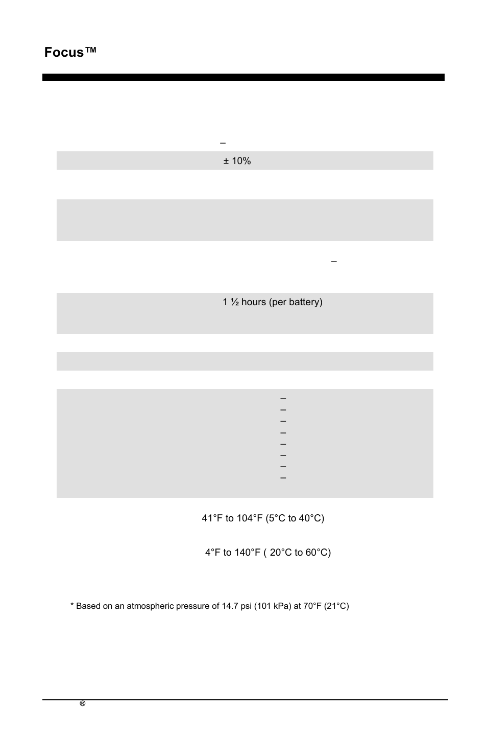 Focus™ en, Focus specifications | AirSep MN172-1 User Manual | Page 225 / 502