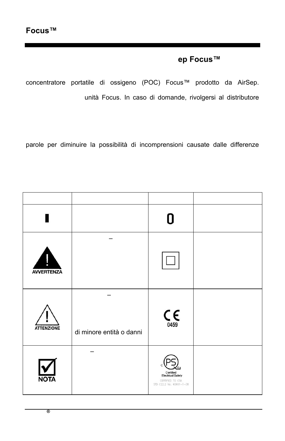 Focus™ it, Concentratore portatile di ossigeno airs ep focus, Simboli | AirSep MN172-1 User Manual | Page 233 / 502