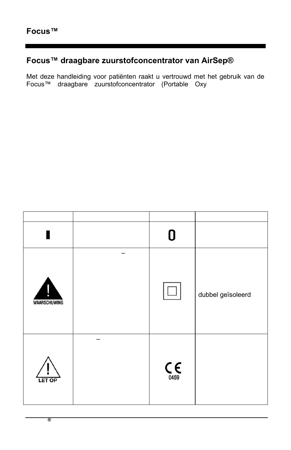 Focus™ nl, Focus™ draagbare zuurstofconcentrator van airsep, Symbolen | AirSep MN172-1 User Manual | Page 279 / 502