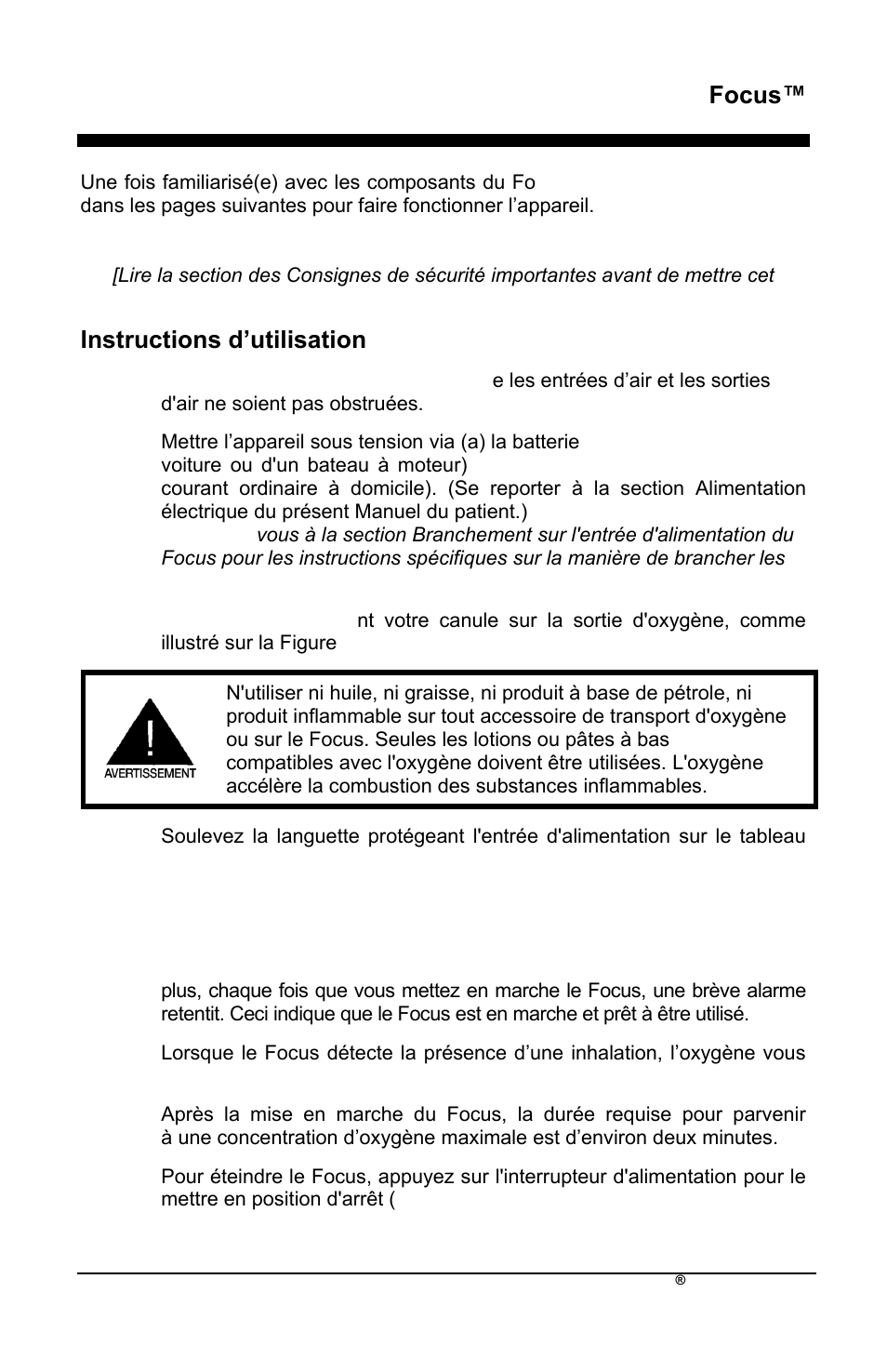 Fr focus, Instructions d’utilisation | AirSep MN172-1 User Manual | Page 30 / 502