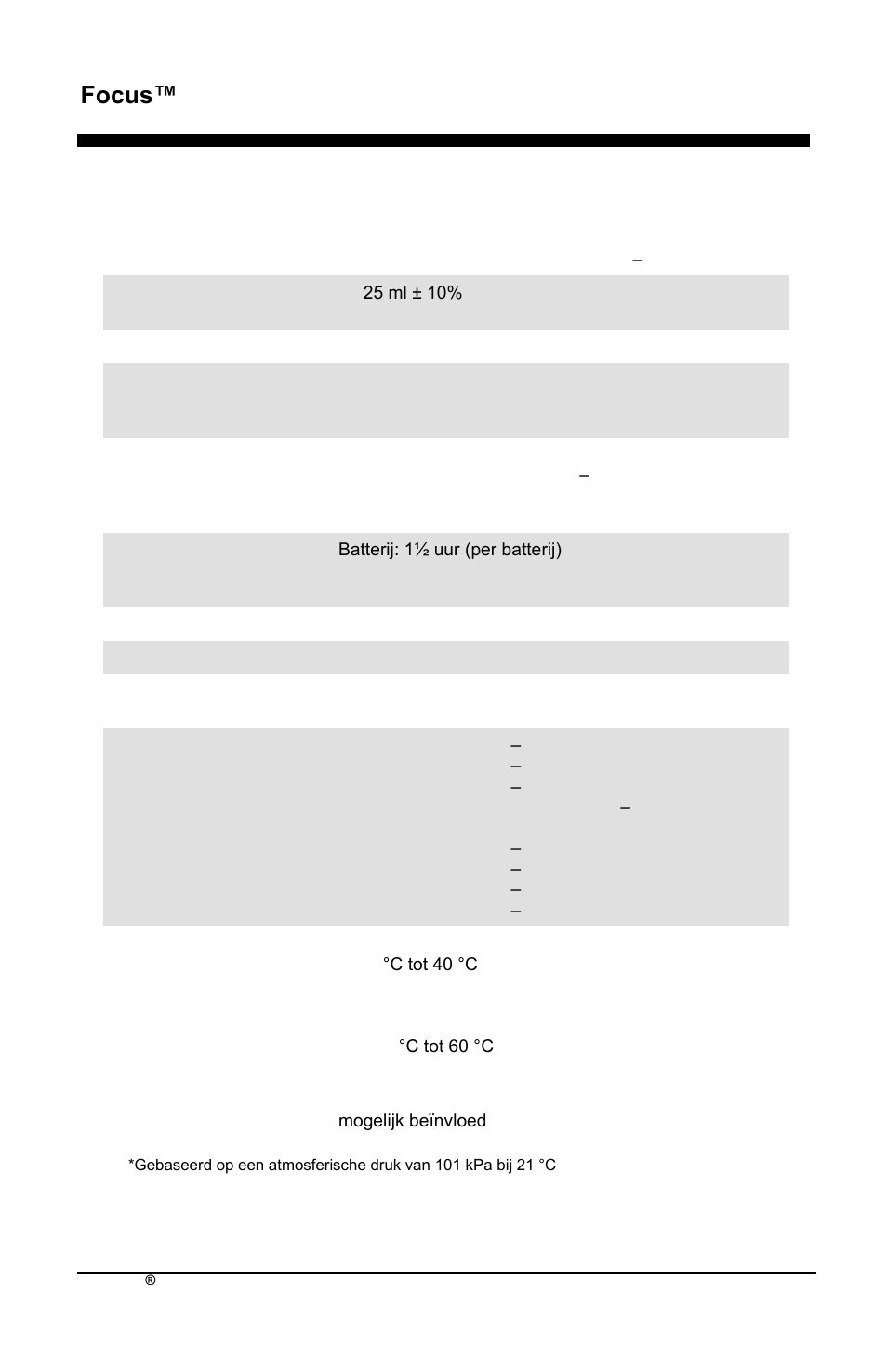 Focus™ nl, Specificaties focus | AirSep MN172-1 User Manual | Page 317 / 502