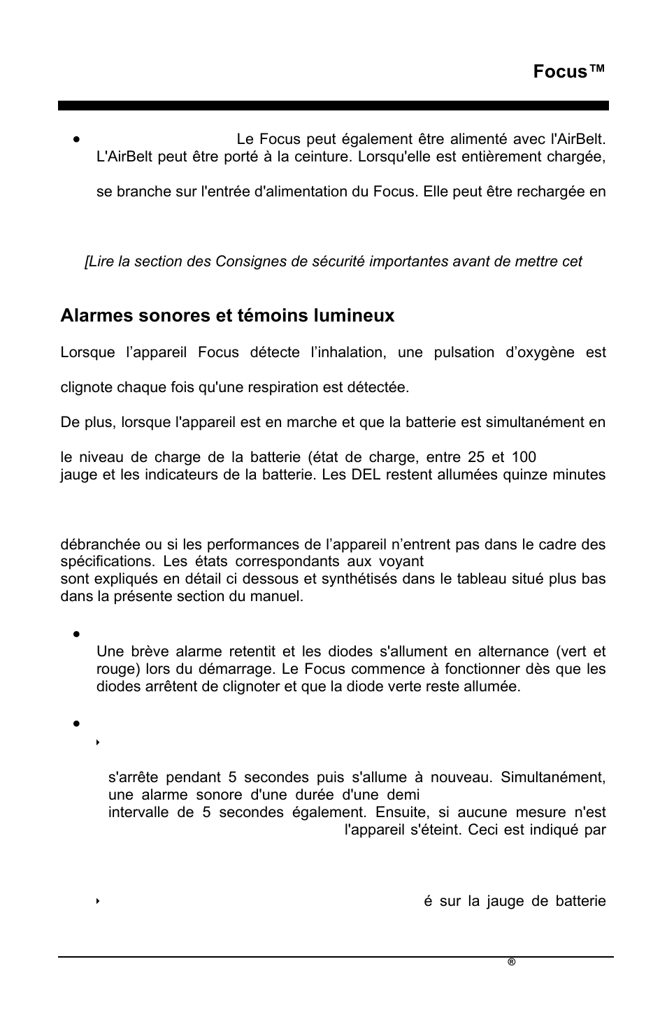 Fr focus, Alarmes sonores et témoins lumineux | AirSep MN172-1 User Manual | Page 32 / 502