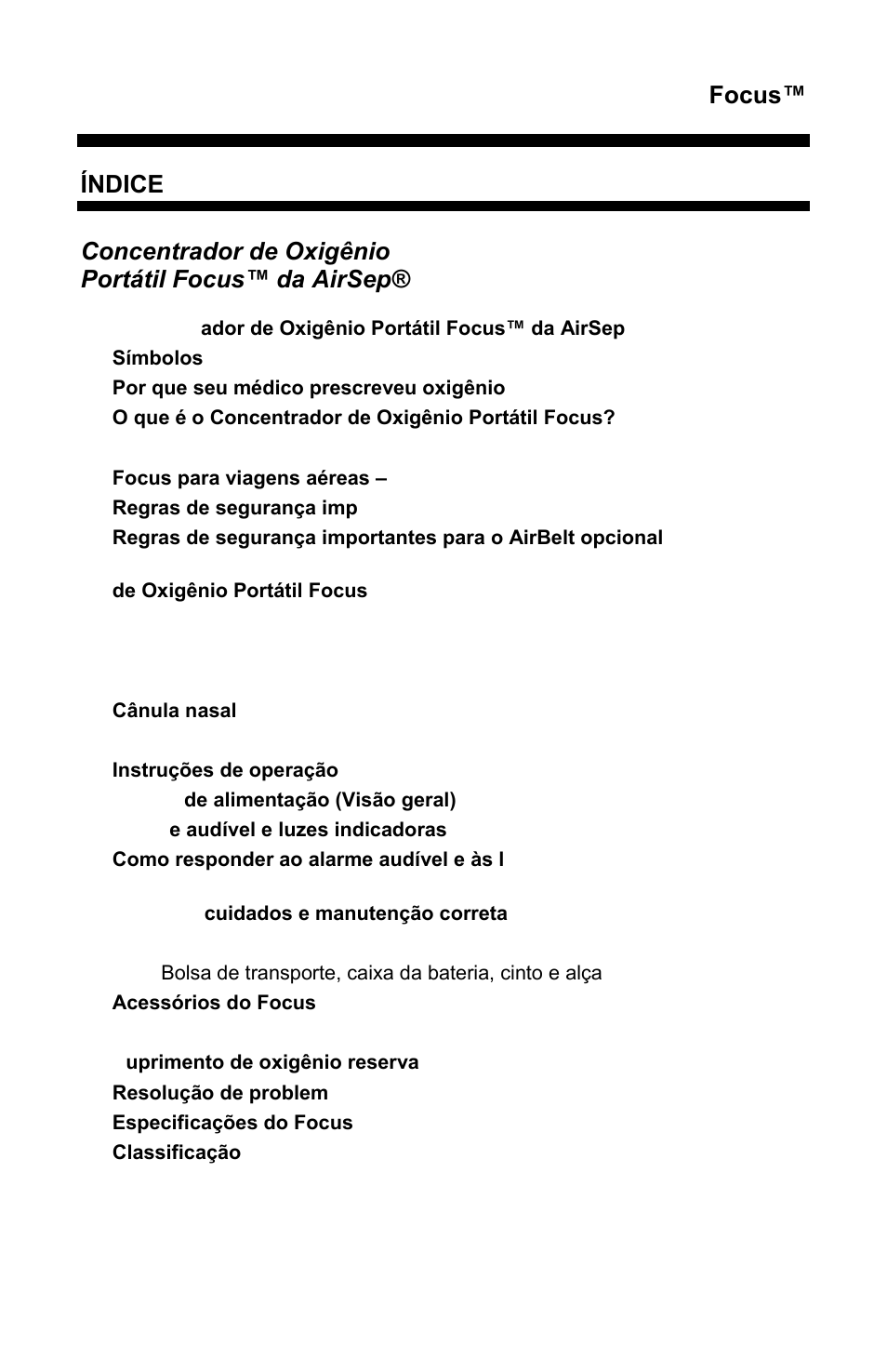 Focus, Índice, Concentrador de oxigênio portátil focus™ da airsep | AirSep MN172-1 User Manual | Page 324 / 502