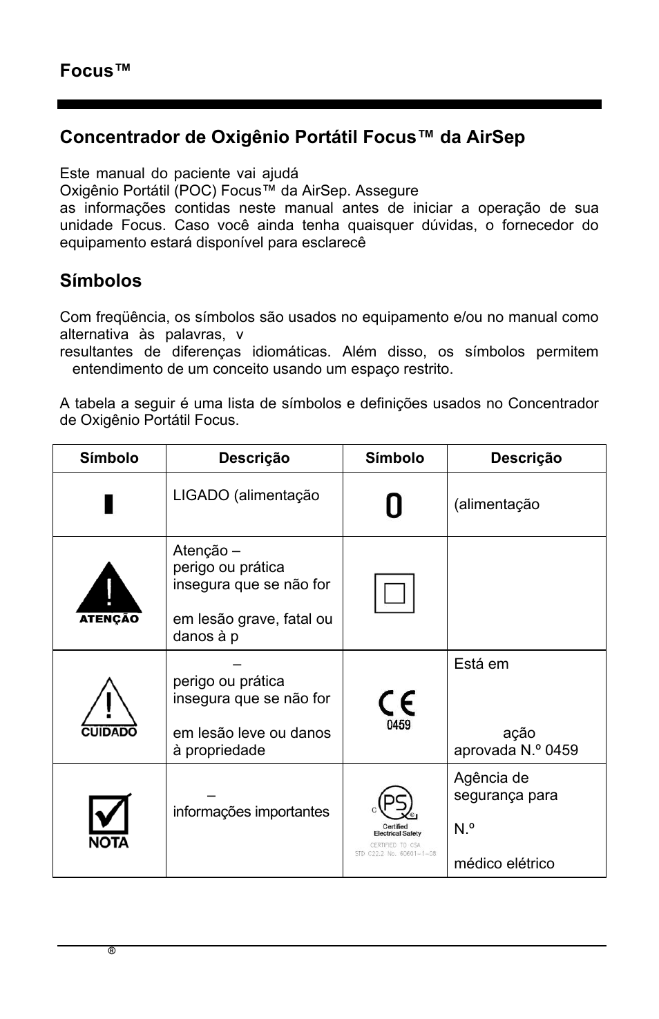 Focus™ pt, Concentrador de oxigênio portátil focus™ da airsep, Sìmbolos | AirSep MN172-1 User Manual | Page 325 / 502