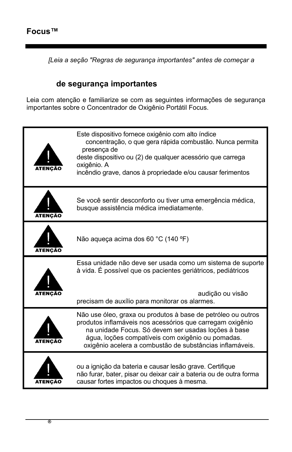 Focus™ pt, Regras de segurança importantes | AirSep MN172-1 User Manual | Page 329 / 502