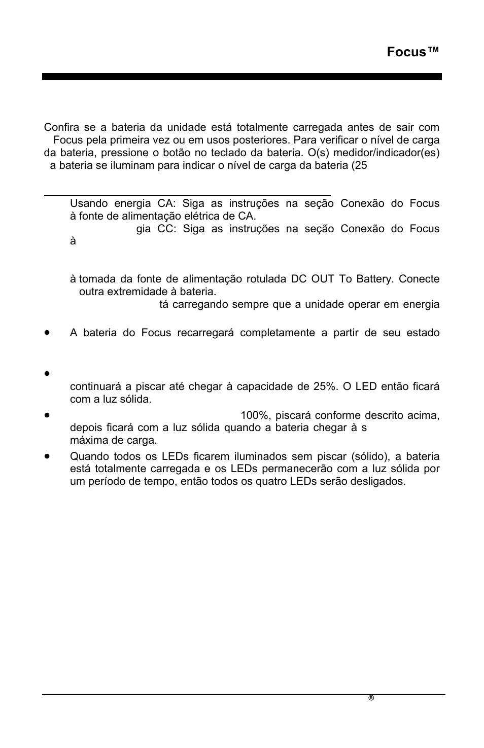 Focus, Carregamento da bateria | AirSep MN172-1 User Manual | Page 342 / 502
