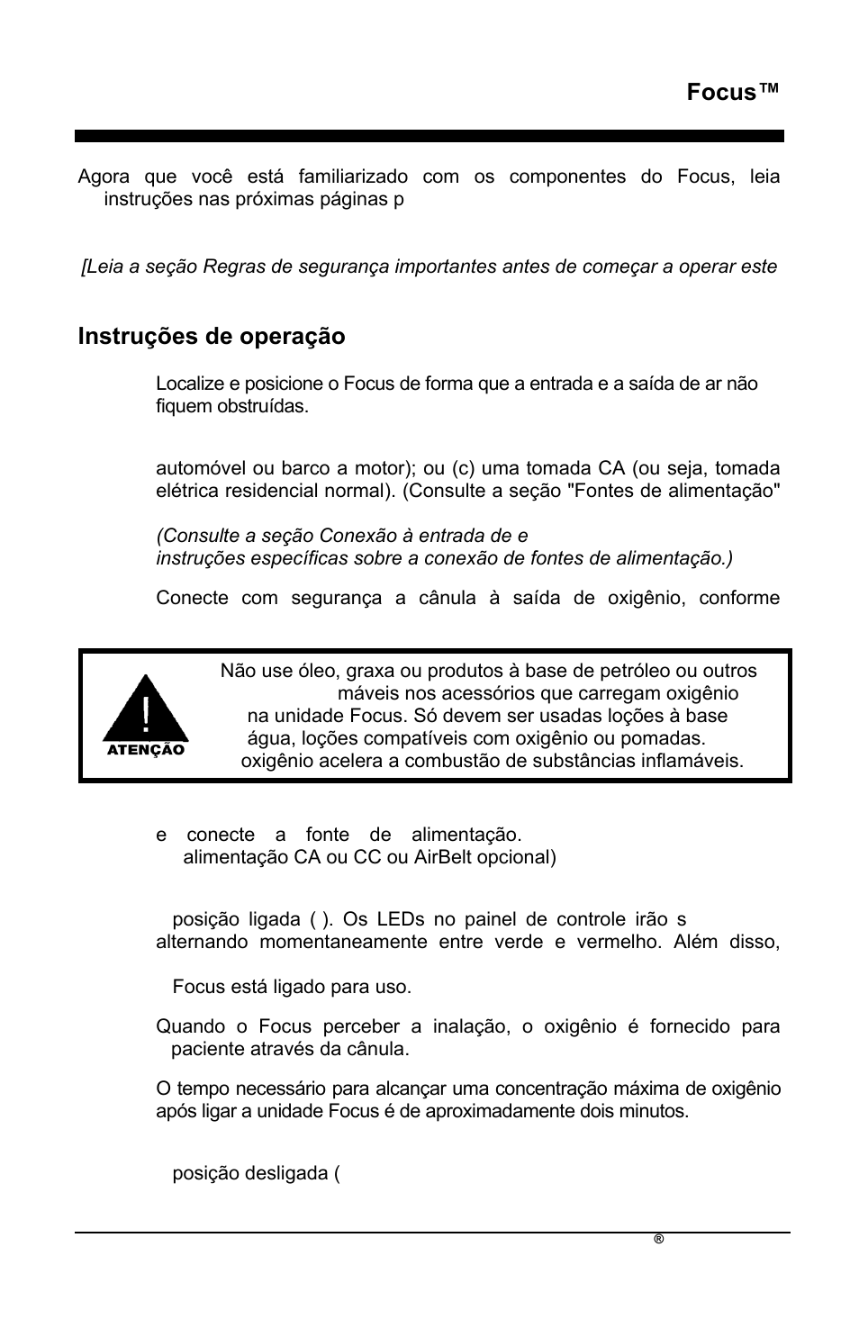 Focus, Instruções de operação | AirSep MN172-1 User Manual | Page 350 / 502