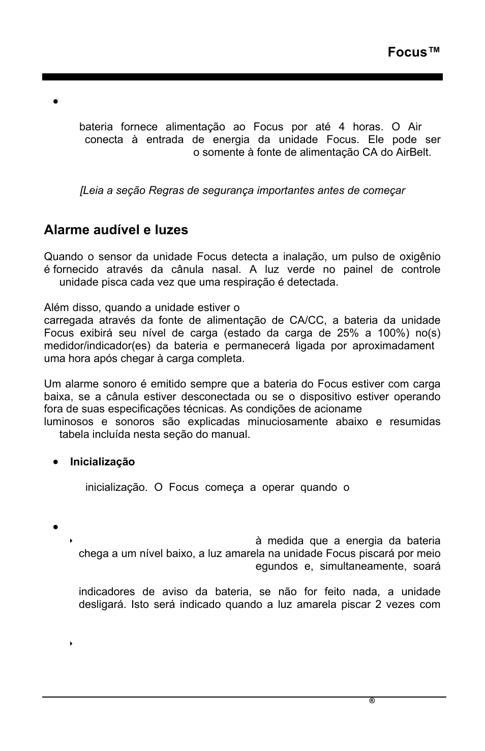 Focus, Alarme audìvel e luzes indicadoras | AirSep MN172-1 User Manual | Page 352 / 502