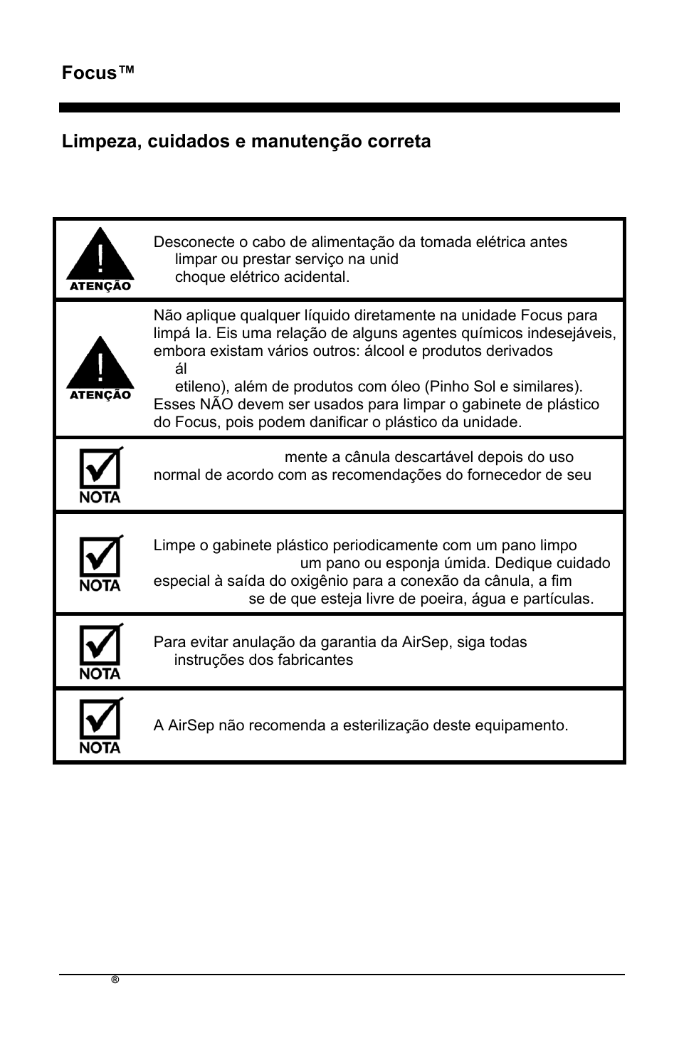 Focus™ pt, Limpeza, cuidados e manutenção correta gabinete | AirSep MN172-1 User Manual | Page 357 / 502