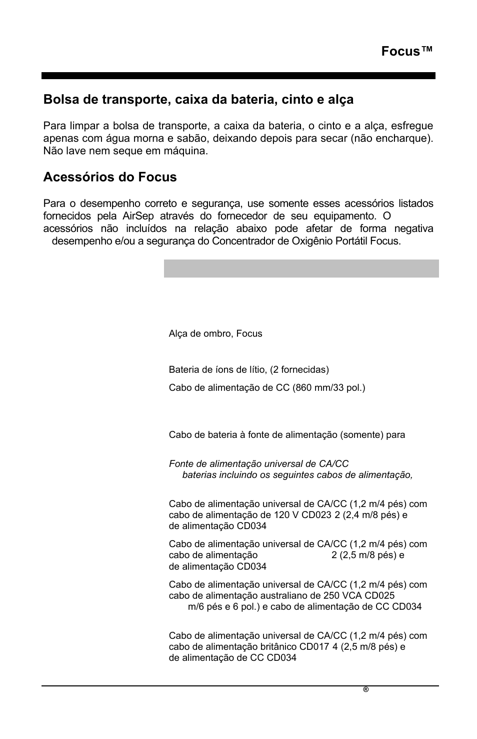 Focus, Acessórios do focus | AirSep MN172-1 User Manual | Page 358 / 502