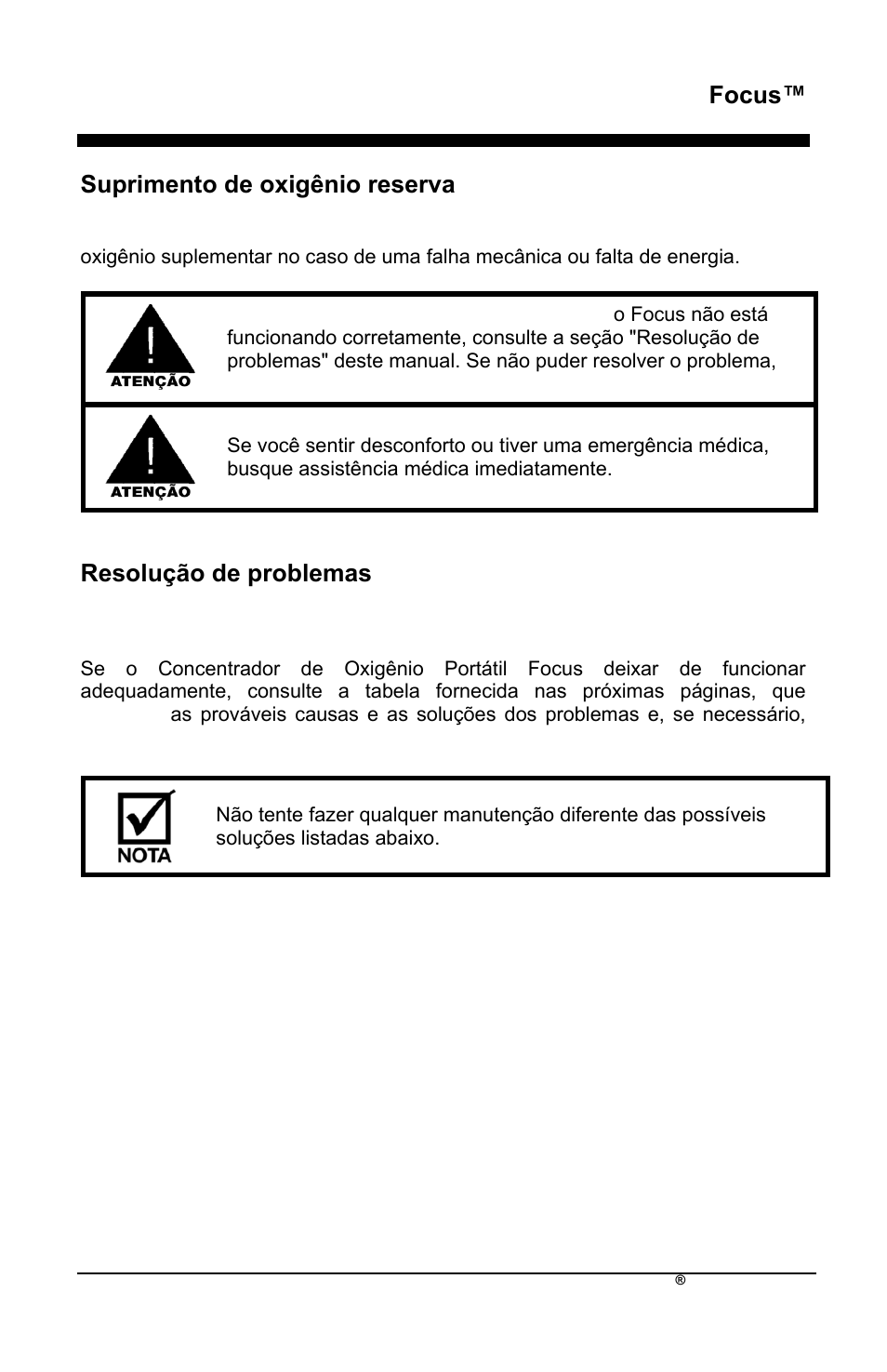 Focus, Suprimento de oxigênio reserva, Resolução de problemas | AirSep MN172-1 User Manual | Page 360 / 502