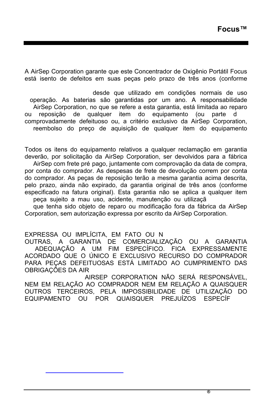 Focus, Garantia limitada | AirSep MN172-1 User Manual | Page 368 / 502