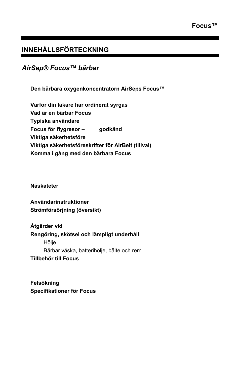 Focus, Innehållsförteckning, Airsep® focus™ bärbar oxygenkoncentrator | AirSep MN172-1 User Manual | Page 370 / 502