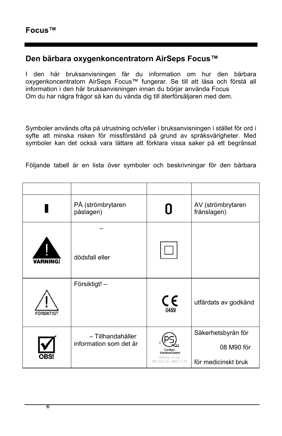 Focus™ sv, Den bärbara oxygenkoncentratorn airseps focus, Symboler | AirSep MN172-1 User Manual | Page 371 / 502