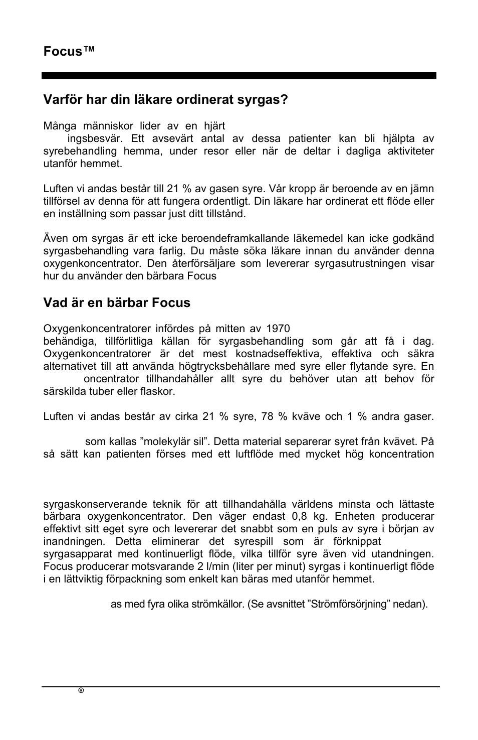 Focus™ sv, Varför har din läkare ordinerat syrgas, Vad är en bärbar focus-oxygenkoncentrator | AirSep MN172-1 User Manual | Page 373 / 502