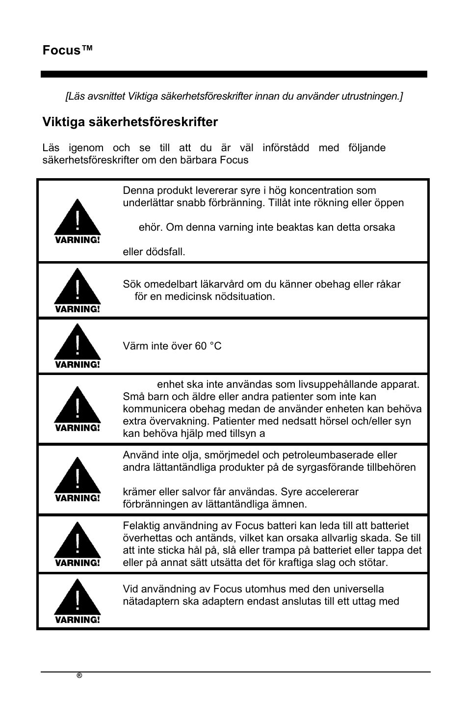 Focus™ sv, Viktiga säkerhetsföreskrifter | AirSep MN172-1 User Manual | Page 375 / 502
