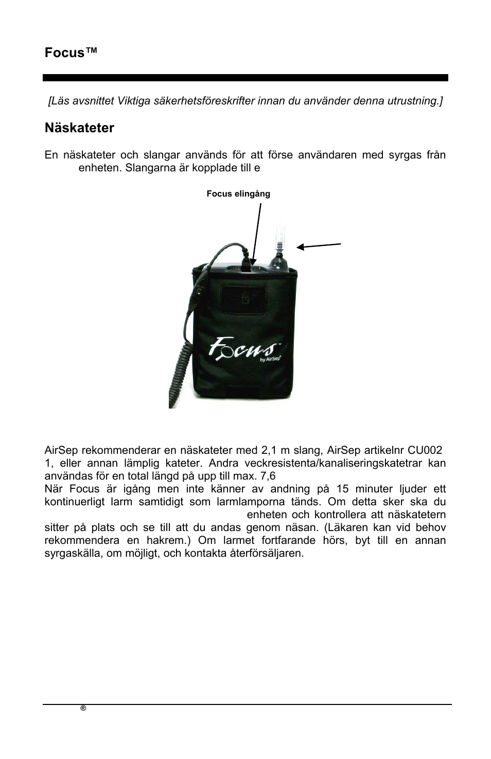 Focus™ sv, Näskateter | AirSep MN172-1 User Manual | Page 391 / 502