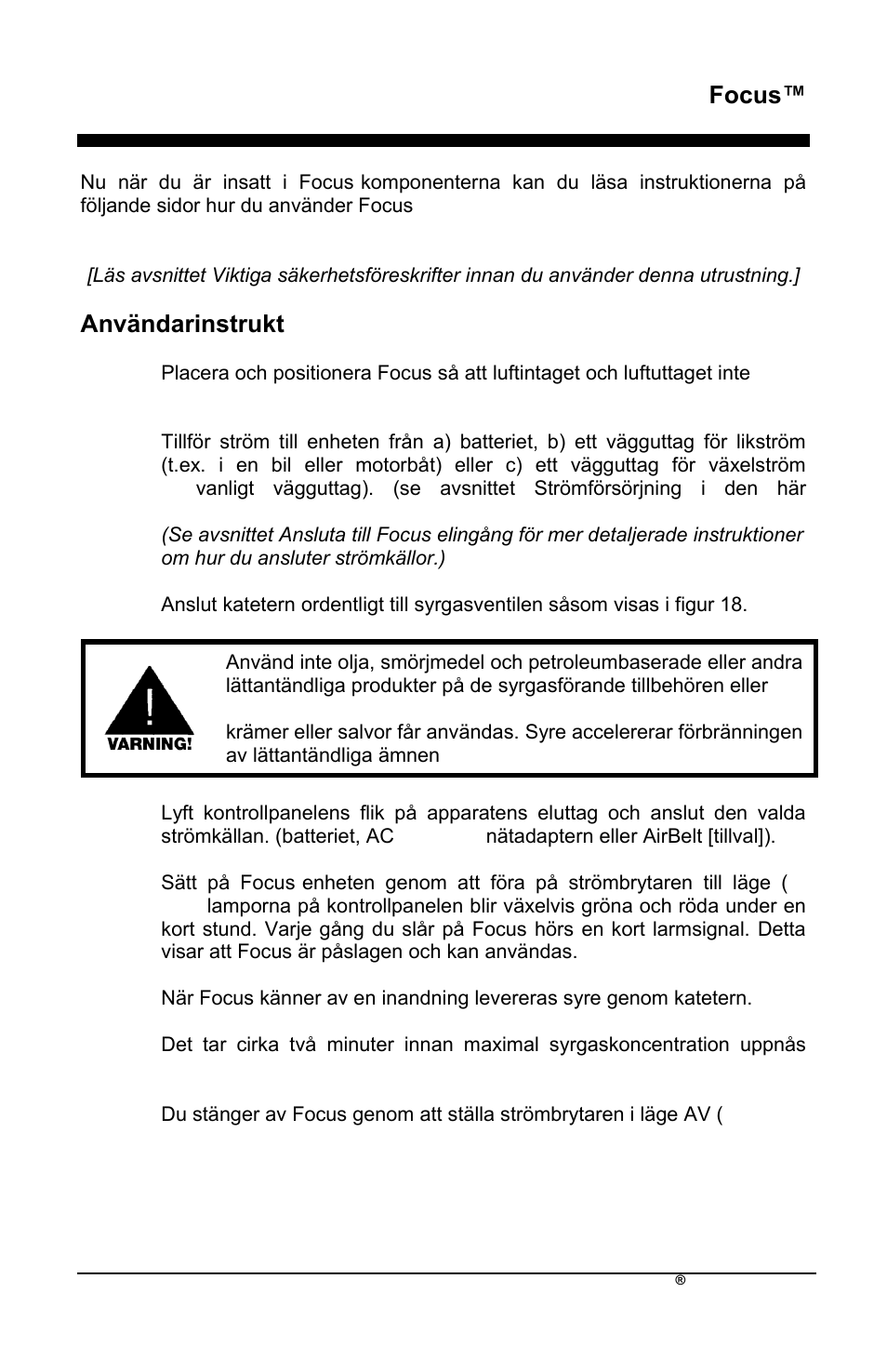 Focus, Användarinstruktioner | AirSep MN172-1 User Manual | Page 394 / 502