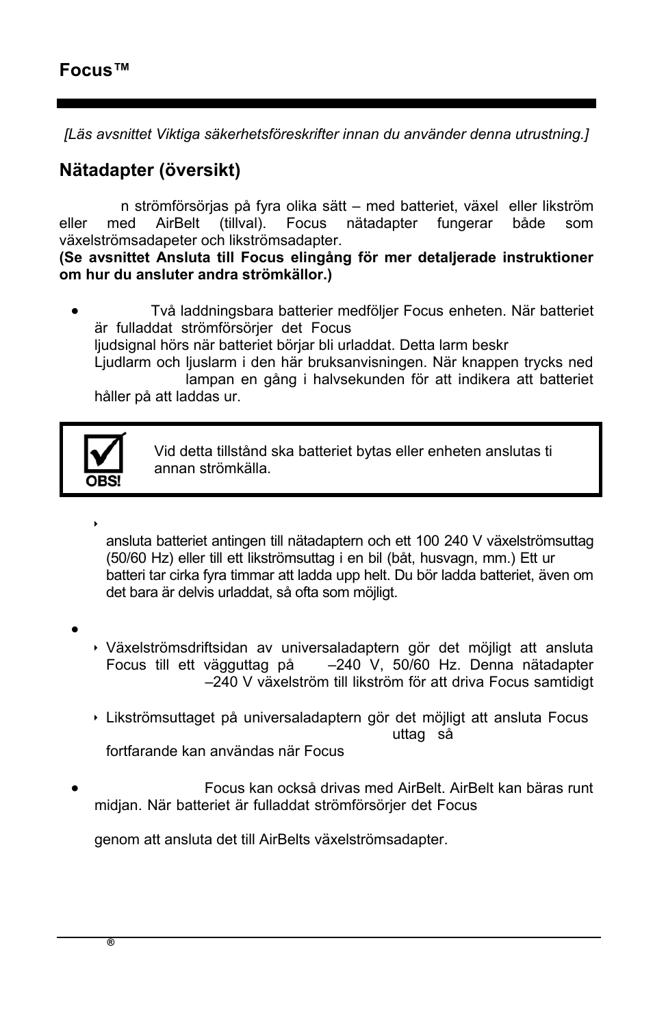 Focus™ sv, Nätadapter (översikt) | AirSep MN172-1 User Manual | Page 395 / 502