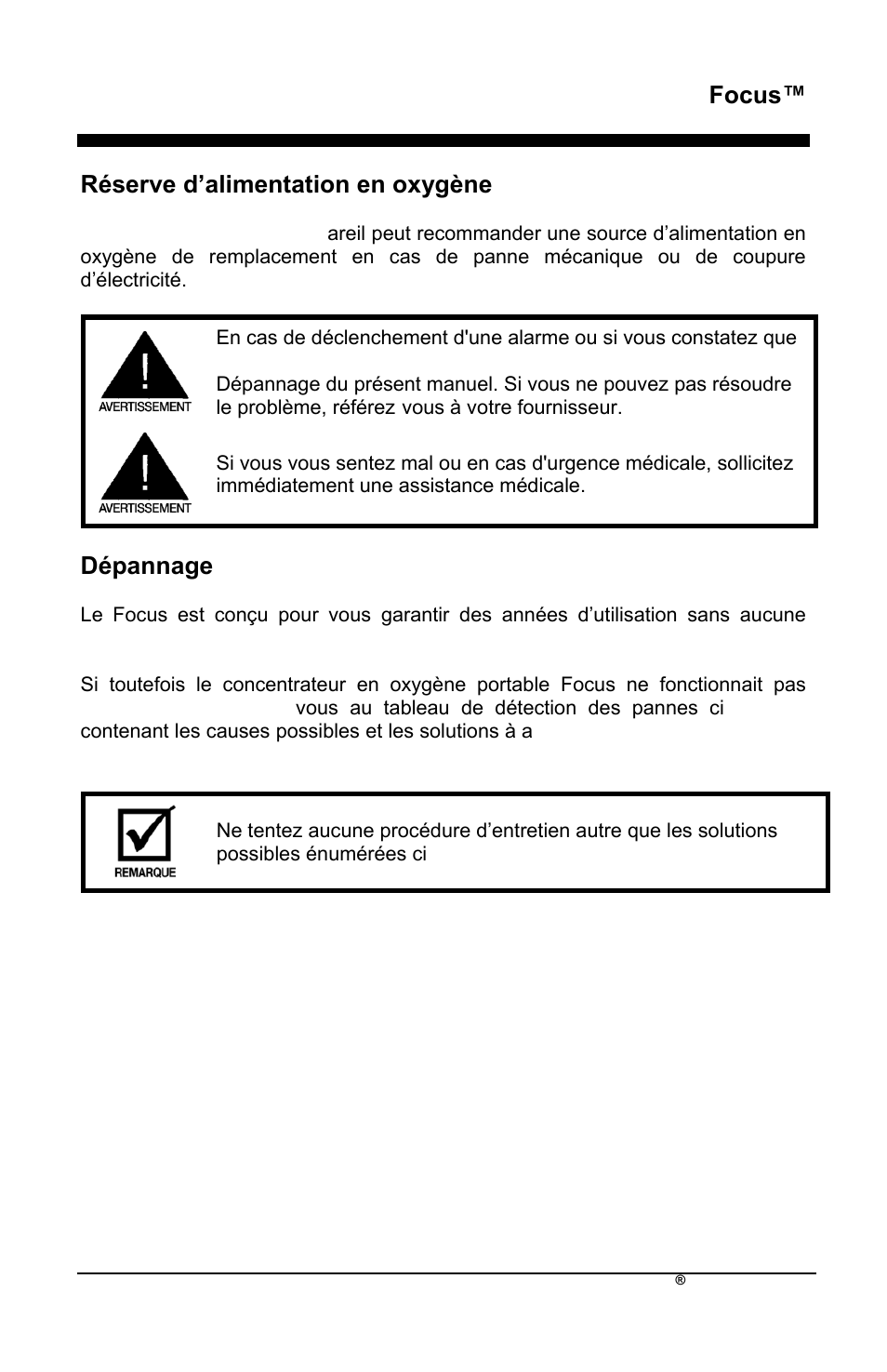 Fr focus, Réserve d’alimentation en oxygène, Dépannage | AirSep MN172-1 User Manual | Page 40 / 502
