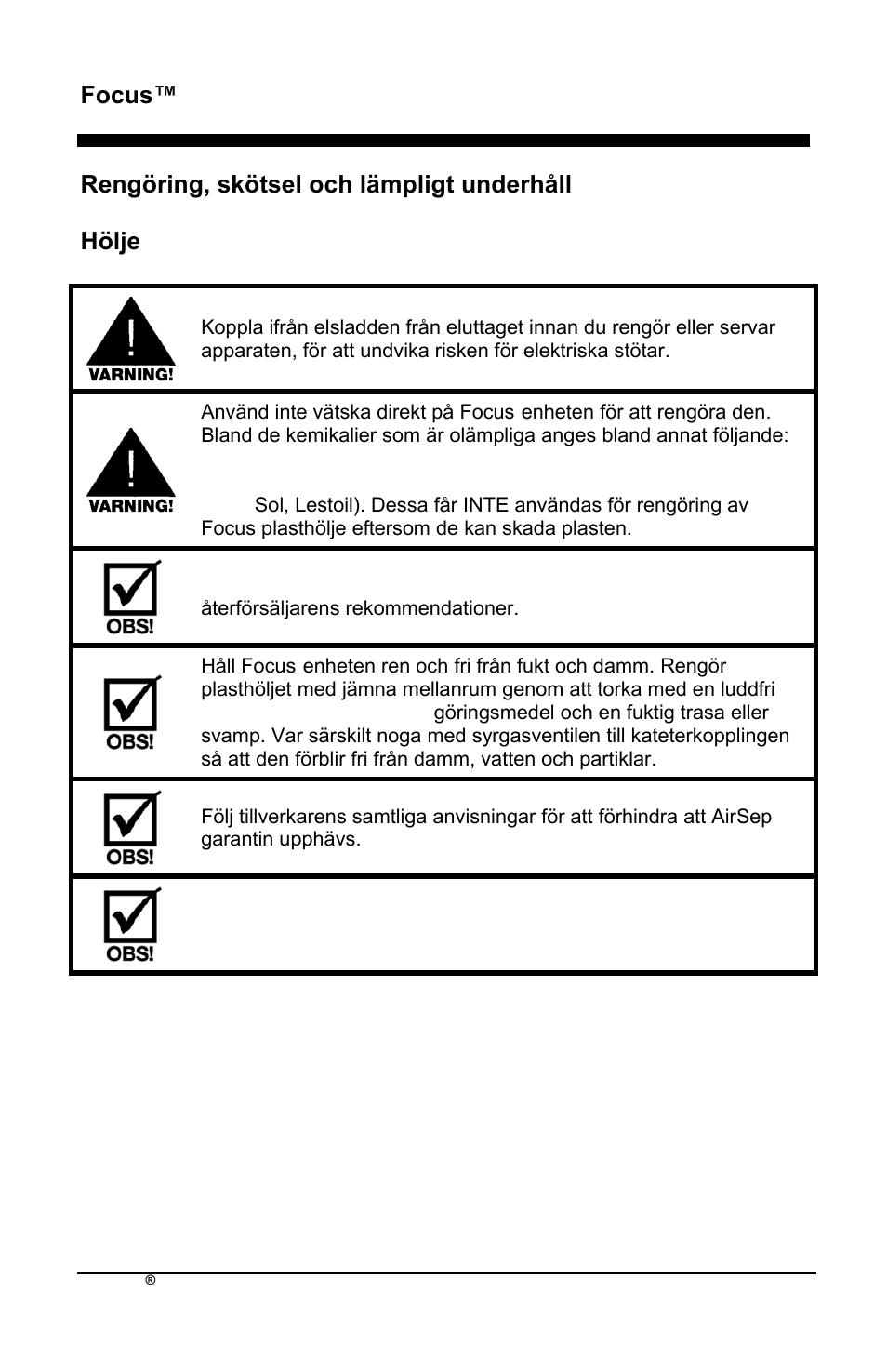 Focus™ sv, Rengöring, skötsel och lämpligt underhåll hölje | AirSep MN172-1 User Manual | Page 401 / 502