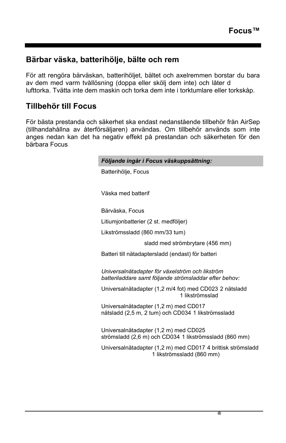 Focus, Bärbar väska, batterihölje, bälte och rem, Tillbehör till focus | AirSep MN172-1 User Manual | Page 402 / 502