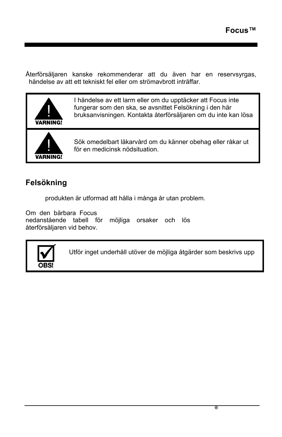 Focus, Reservsyrgas, Felsökning | AirSep MN172-1 User Manual | Page 404 / 502